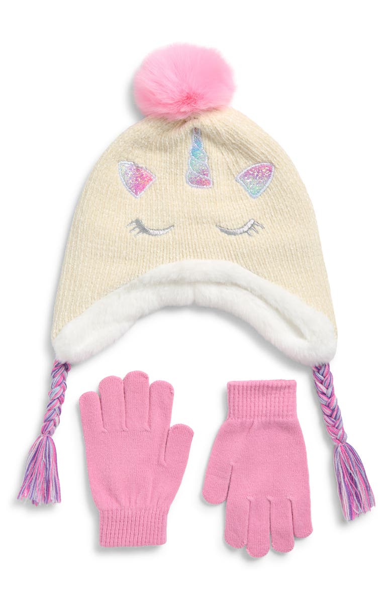 Capelli New York Kids' Chenille Unicorn Earflap Hat & Gloves Set, Main, color, Ivory Multi Combo