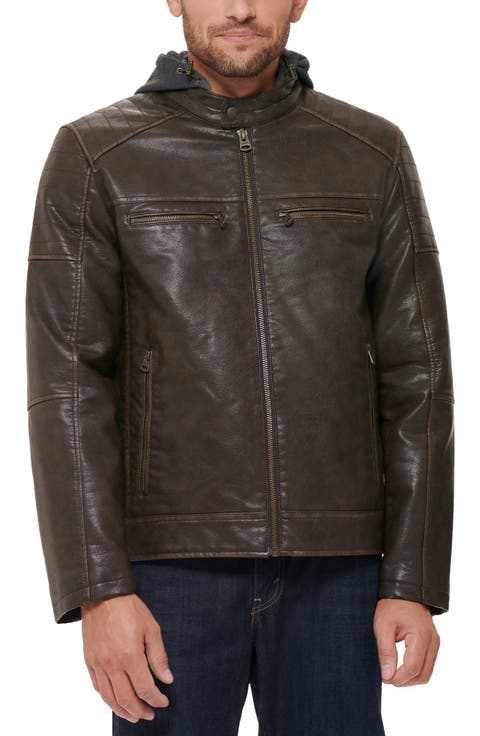 Faux Leather Hooded Moto Racer Jacket