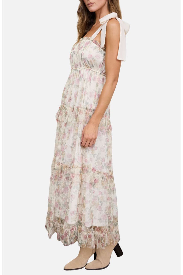 Tie Strap Ruffle Tiered Floral Chiffon Midi Dress, Alternate, color, OATMEAL MULTI