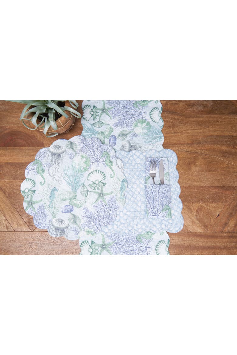 Shoreline Waters Cotton Table Runner 14" x 51" - Nautical Seahorse & Coral, Alternate, color, Blue