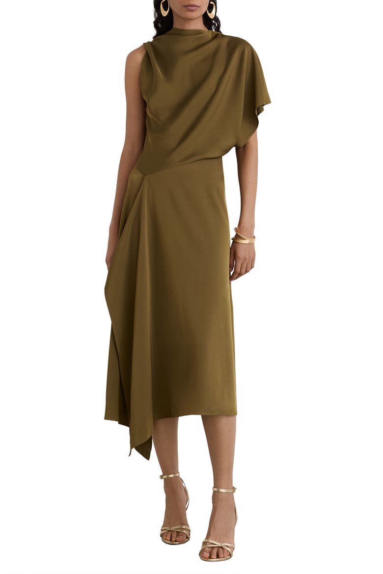 Naomi One-Shoulder Drape Midi Dress, Main, color, KHAKI GREEN