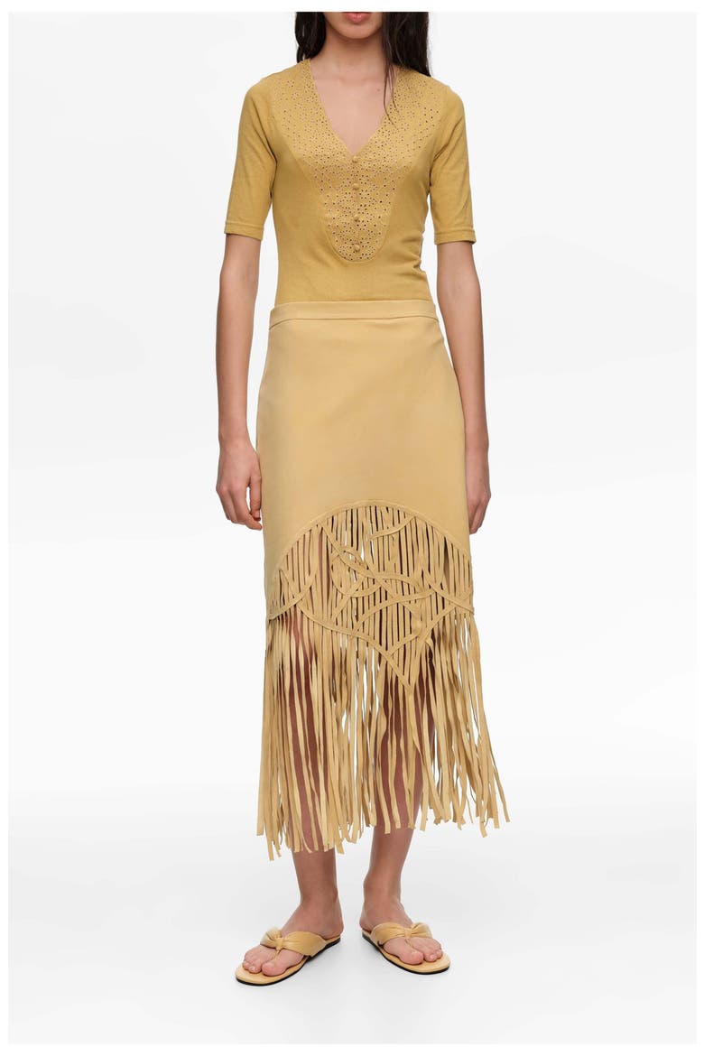 Suede Midi Skirt With Irregular Fringes, Main, color, MUSTARD