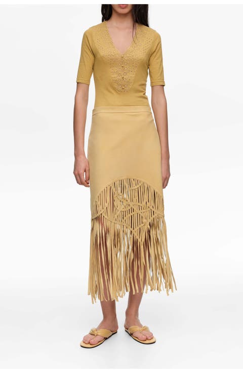 Suede Midi Skirt With Irregular Fringes