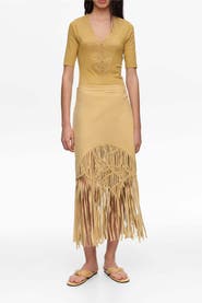Bimba y Lola Suede Midi Skirt With Irregular Fringes
