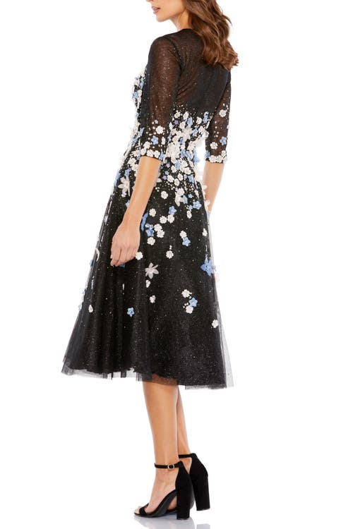 Mac Duggal Floral Embroidered A-line Tea-length Cocktail Dress In Black Multi
