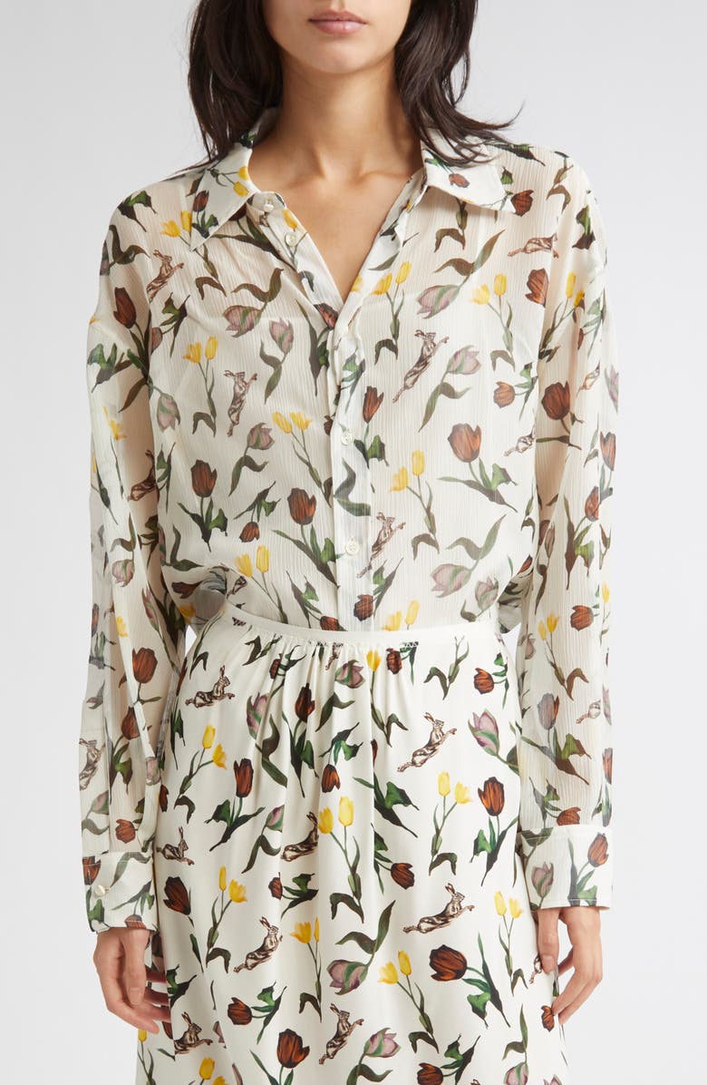 Marni Tulips & Hares Sheer Chiffon Button-Up Shirt, Alternate, color, Thw04 Limestone
