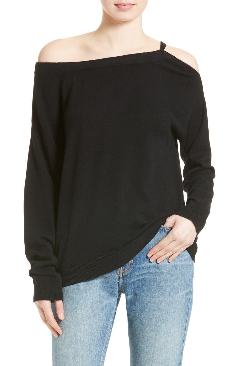 Convertible Cold Shoulder Cashmere Sweater, Main, color, BLACK