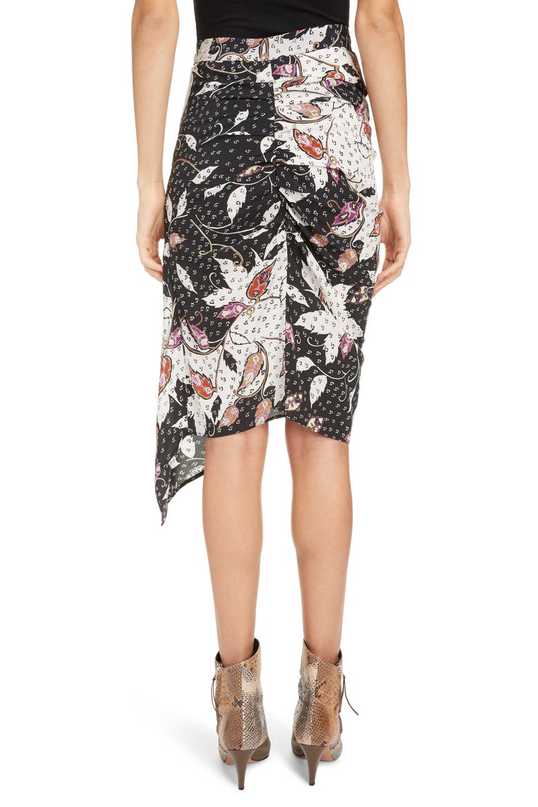 Floral Print Drape Detail Stretch Silk Skirt, Alternate, color, BLACK
