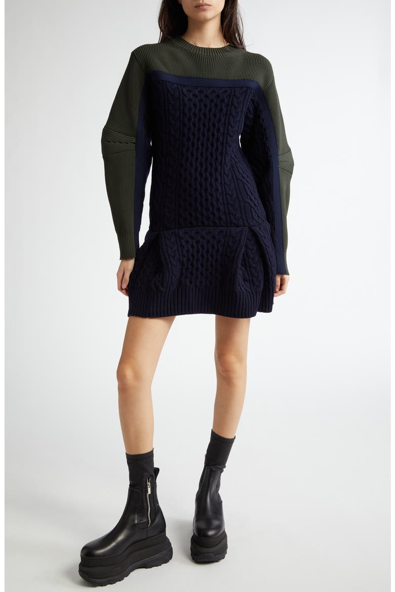 Sacai Mixed Media Colorblock Long Sleeve Wool Sweater Dress (Women
