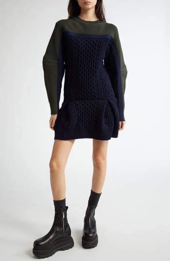 国内より1WEEK【sacai】Suiting Mix Knit Dress Sacai Mixed Media Colorblock Long Sleeve Wool Sweater Dress