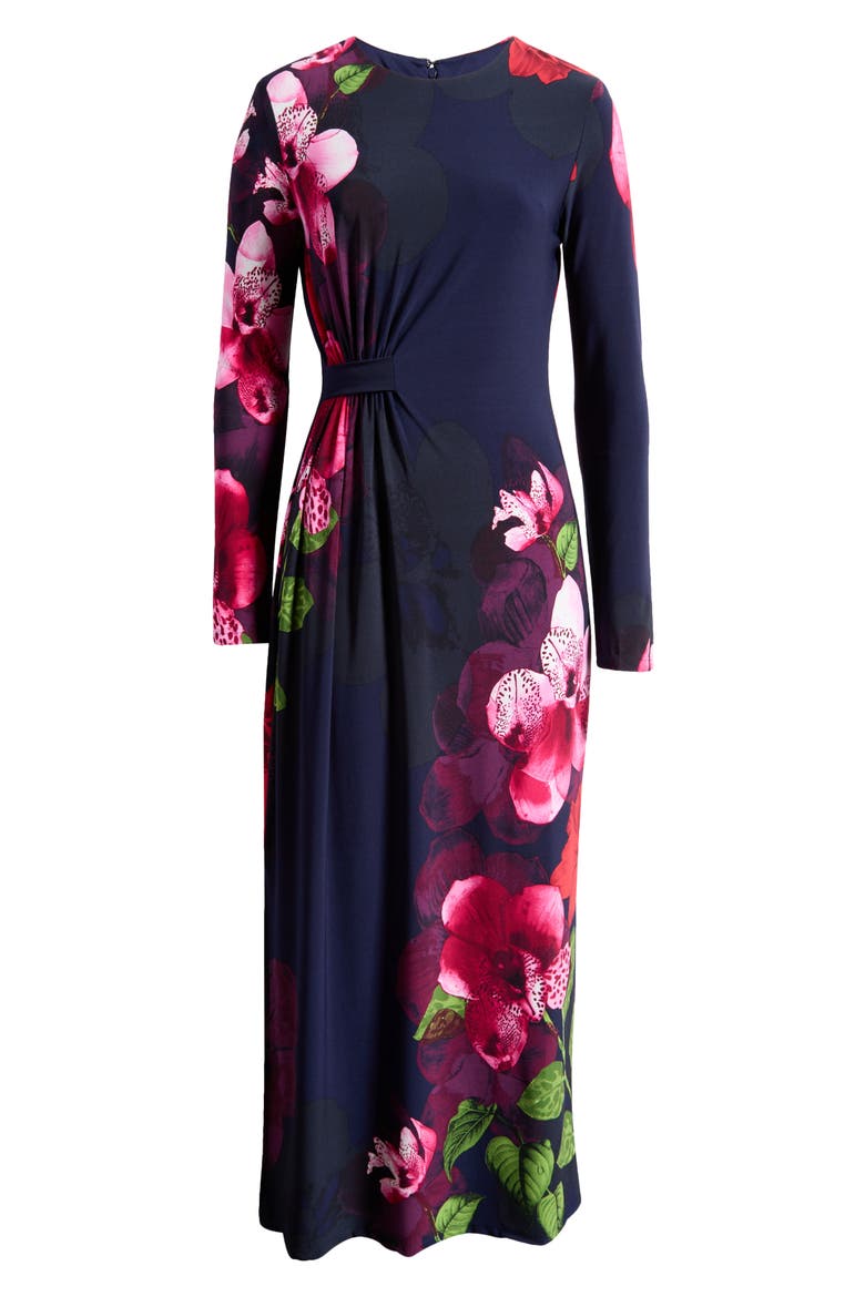 Floral Print Long Sleeve Maxi Dress, Alternate, color, NAVY/ FLAME