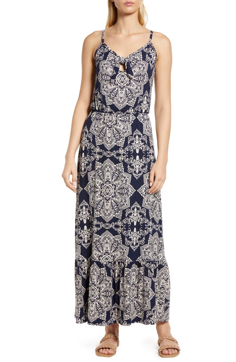 Loveappella Tie Front Maxi Sundress, Main, color,