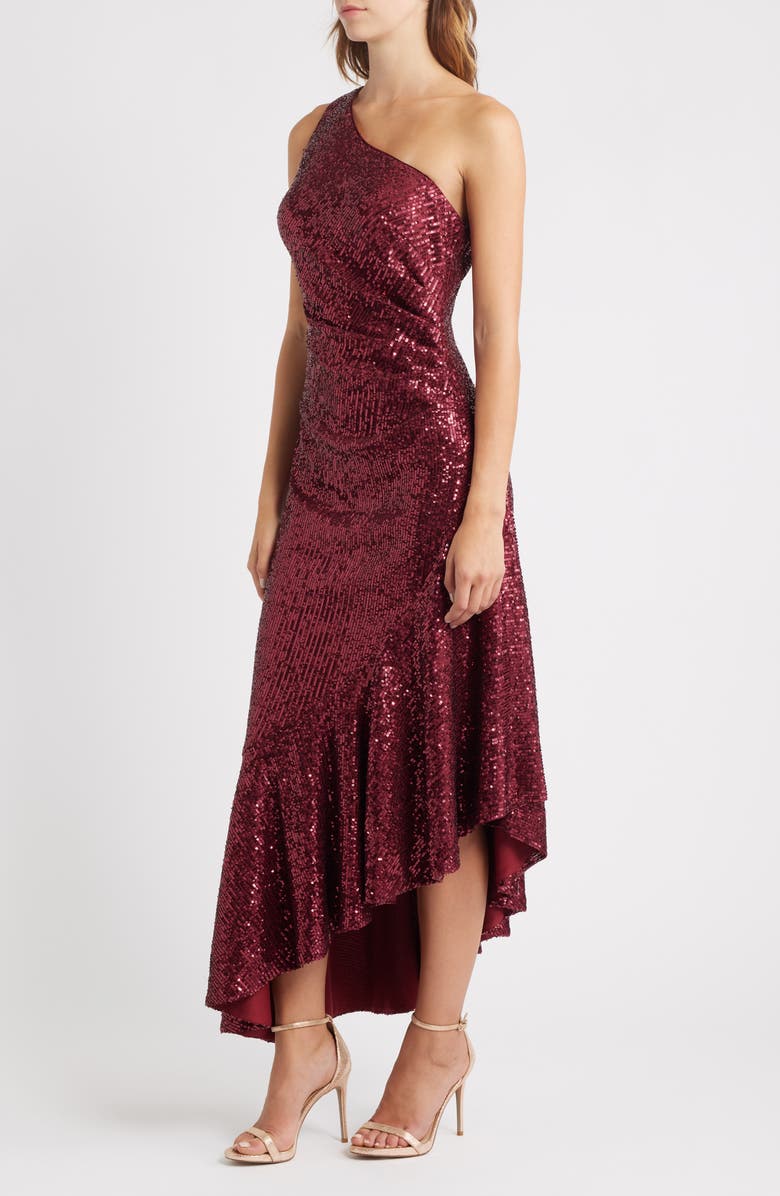 Eliza J Sequin One-Shoulder Midi Cocktail Dress, Alternate, color, Wine