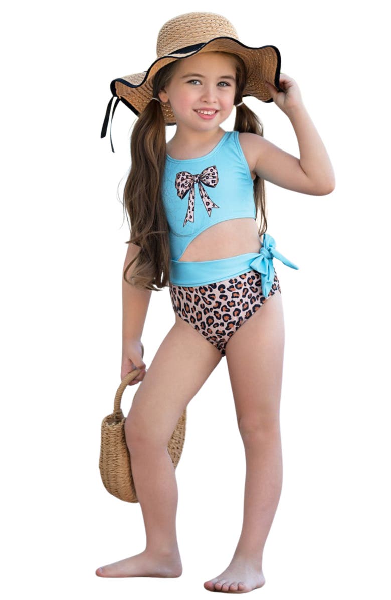 Mia Belle Girls Girls Wild Waves Leopard One-Piece Bow Swimsuit, Main, color, Blue