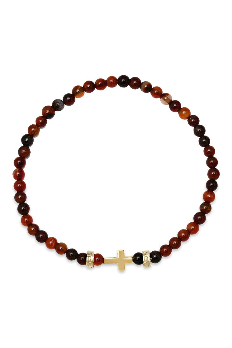 Men's Cross Charm Red Agate Beaded Stretch Bracelet, Main, color, GOLD/ RED/ BLACK