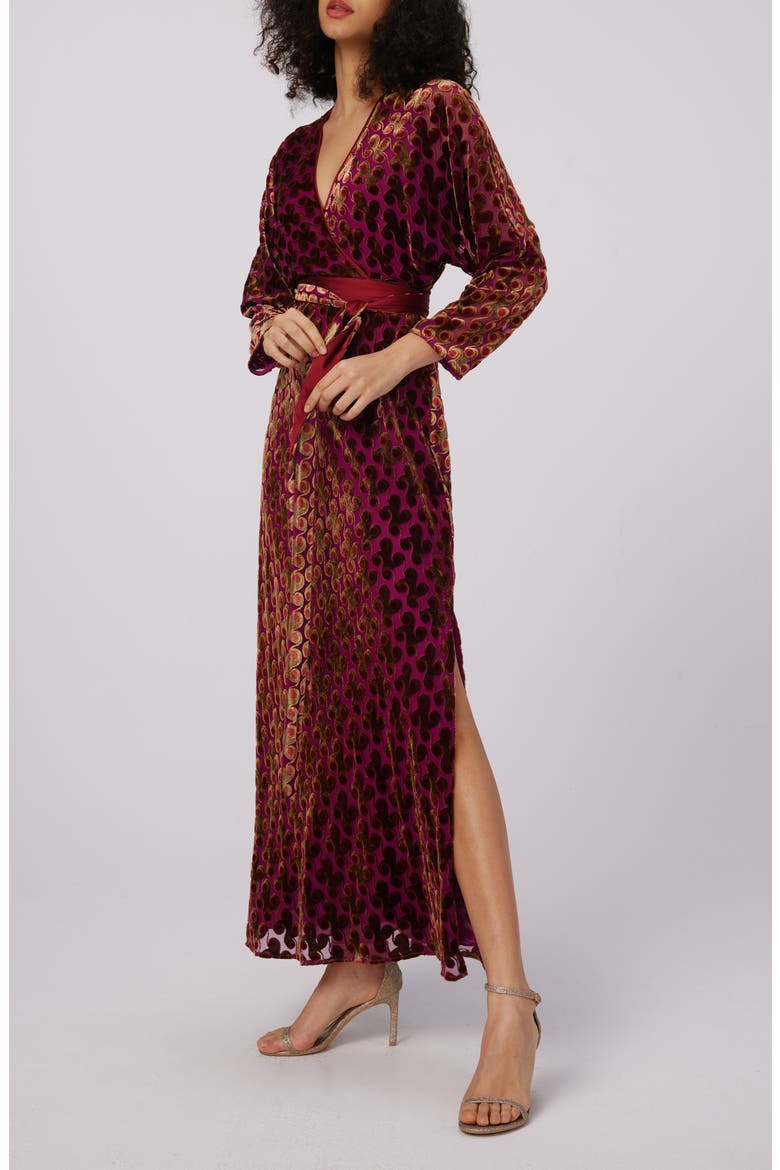 Babette Velvet Burnout Long Sleeve Maxi Wrap Dress, Alternate, color, CURTAIN CALL B/O VELVET PLUM