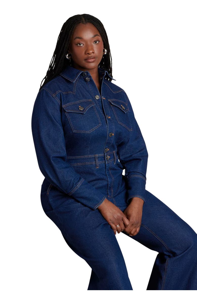 Western Detail Denim Jumpsuit, Alternate, color, DARK WASH