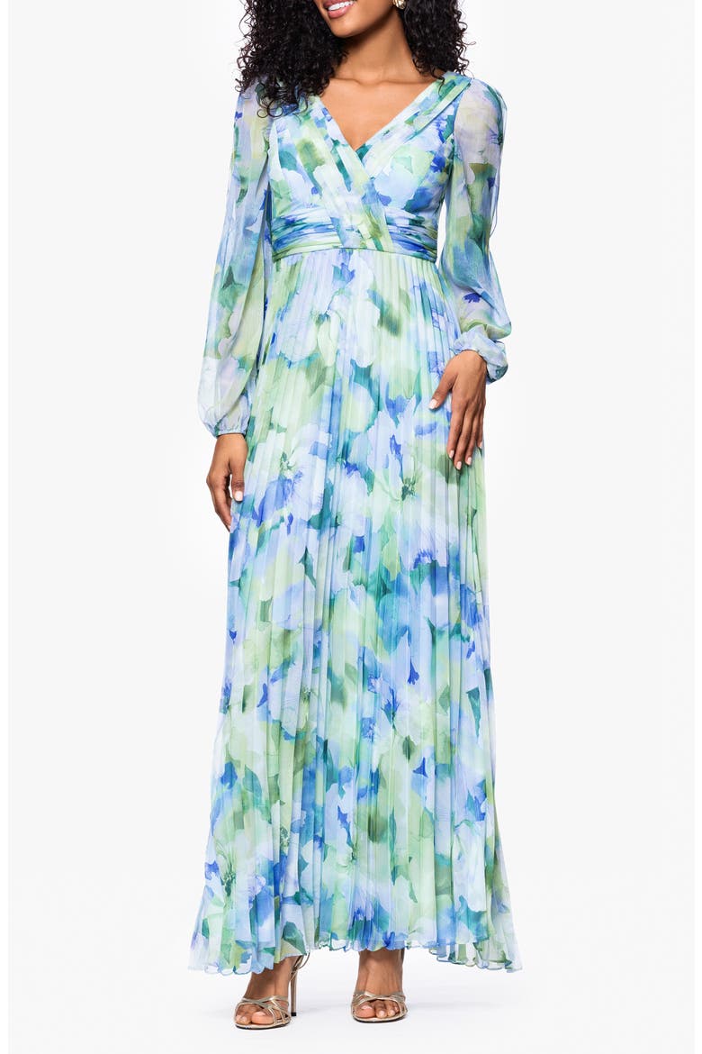 Floral Long Sleeve Pleated Gown, Main, color, BLUE/ MULTI