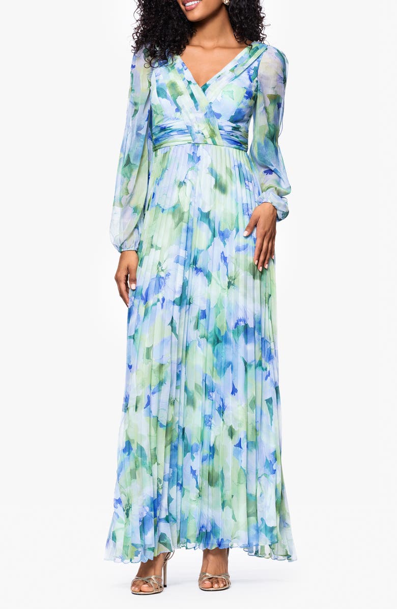 Betsy 
Adam Floral Long Sleeve Pleated Gown, Main, color, Blue/ Multi