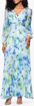 Betsy 
Adam Floral Long Sleeve Pleated Gown