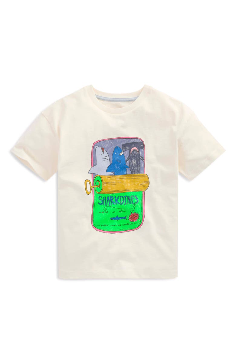 Mini Boden Kids' Sharkdines Cotton Graphic T-Shirt, Main, color, Tbc Parchament Sardine Can