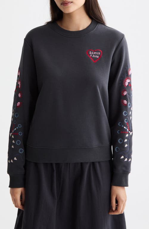 Scotch & Soda Embroidered Regular Fit Crewneck Sweatshirt In Black