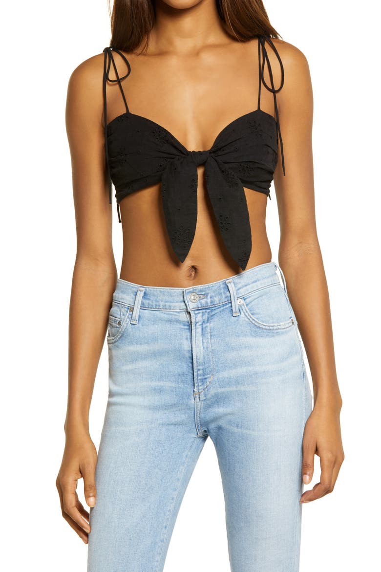 Broderie Anglaise Tie Front Bandeau Top, Main, color, BLACK