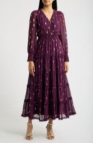 CeCe Foil Smocked Waist Long Sleeve Tiered Maxi Dress
