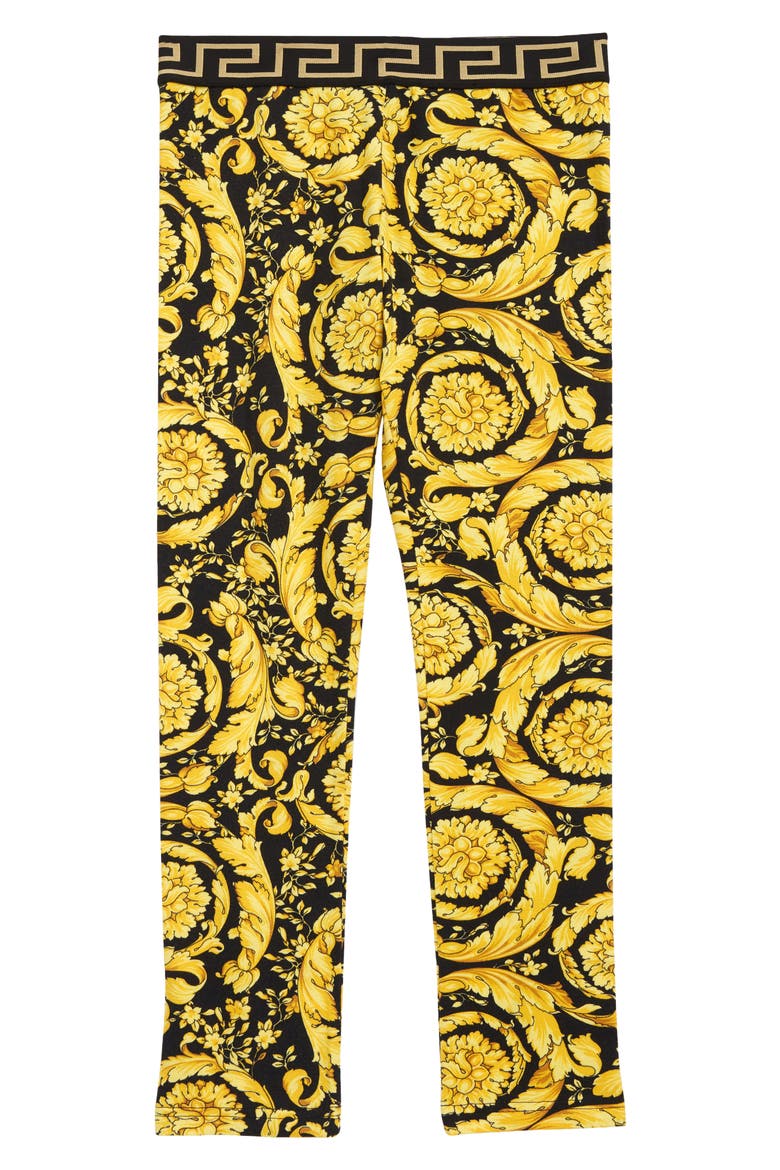 Kids' Barocco Print Stretch Cotton Leggings, Main, color, 5B000 NERO ORO