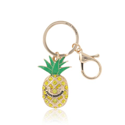 Crystal Pineapple Keychain, Gold-Tone with Green Enamel Leaves