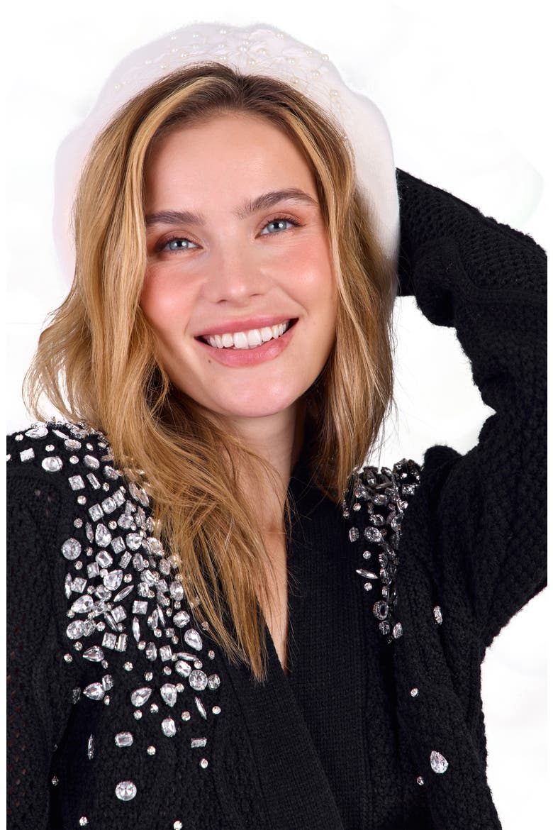 Faux Pearl Embellished Beret, Alternate, color, IVORY