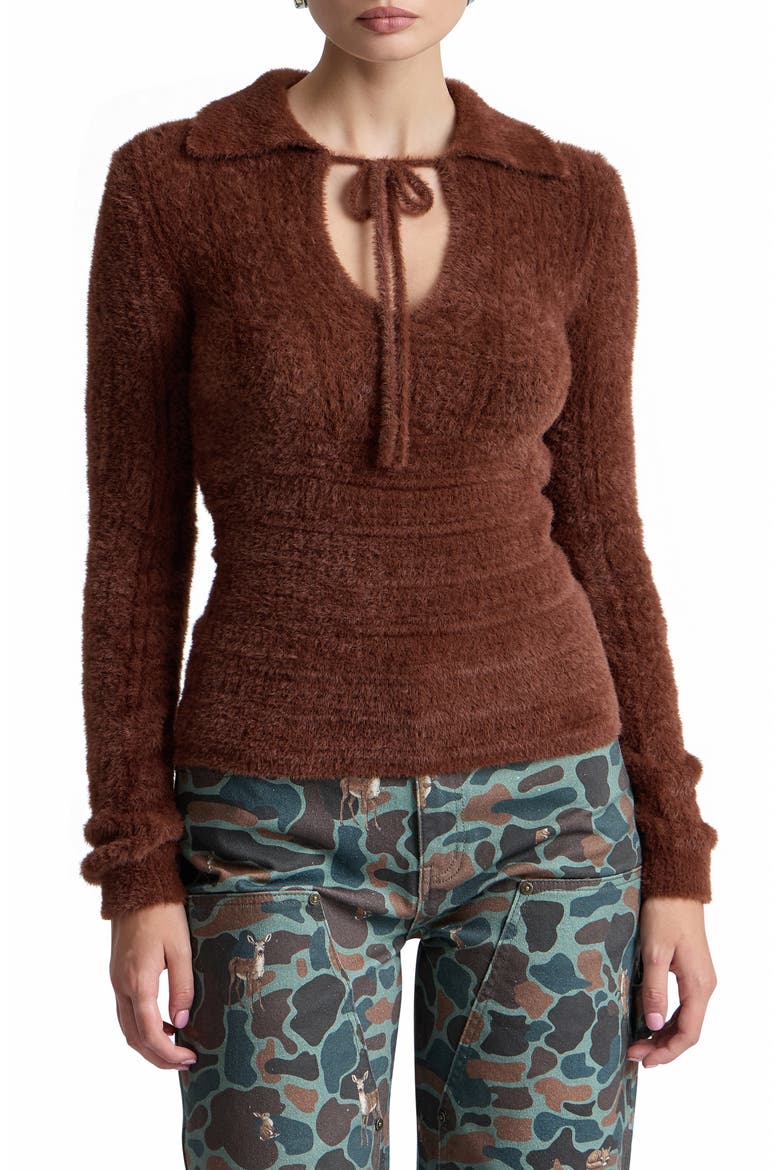 Mixed Pointelle Sweater with Fuzzy Collar, Main, color, RUSSET