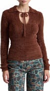 Avec Les Filles Mixed Pointelle Sweater with Fuzzy Collar
