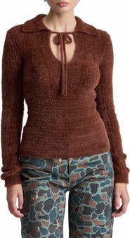 Avec Les Filles Mixed Pointelle Sweater with Fuzzy Collar