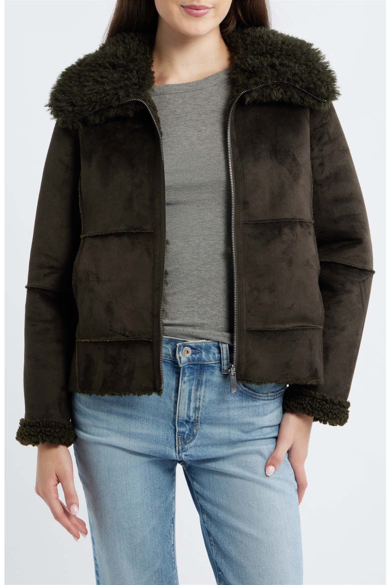 Zip Front Faux Shearling Jacket, Main, color, LODEN