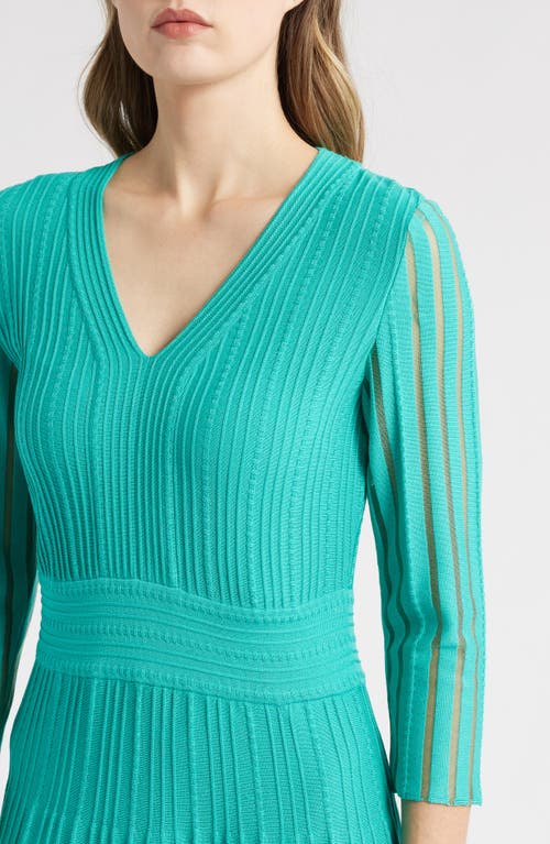 Ming Wang Ribbed Fit & Flare Midi Sweater Dress In Emerald Awe