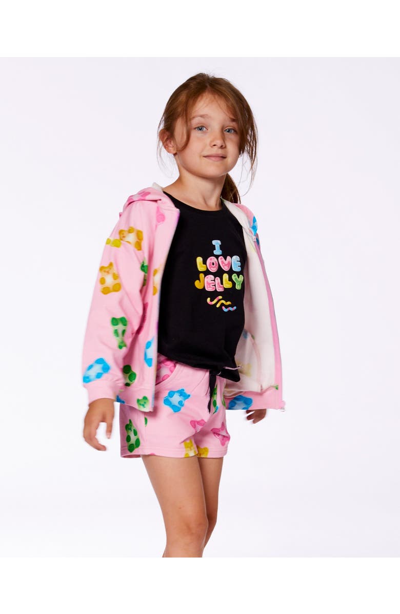 Deux par Deux Little Girl's Printed French Terry Hoodie Cardigan Pink Multicolored Gummies, Alternate, color, 