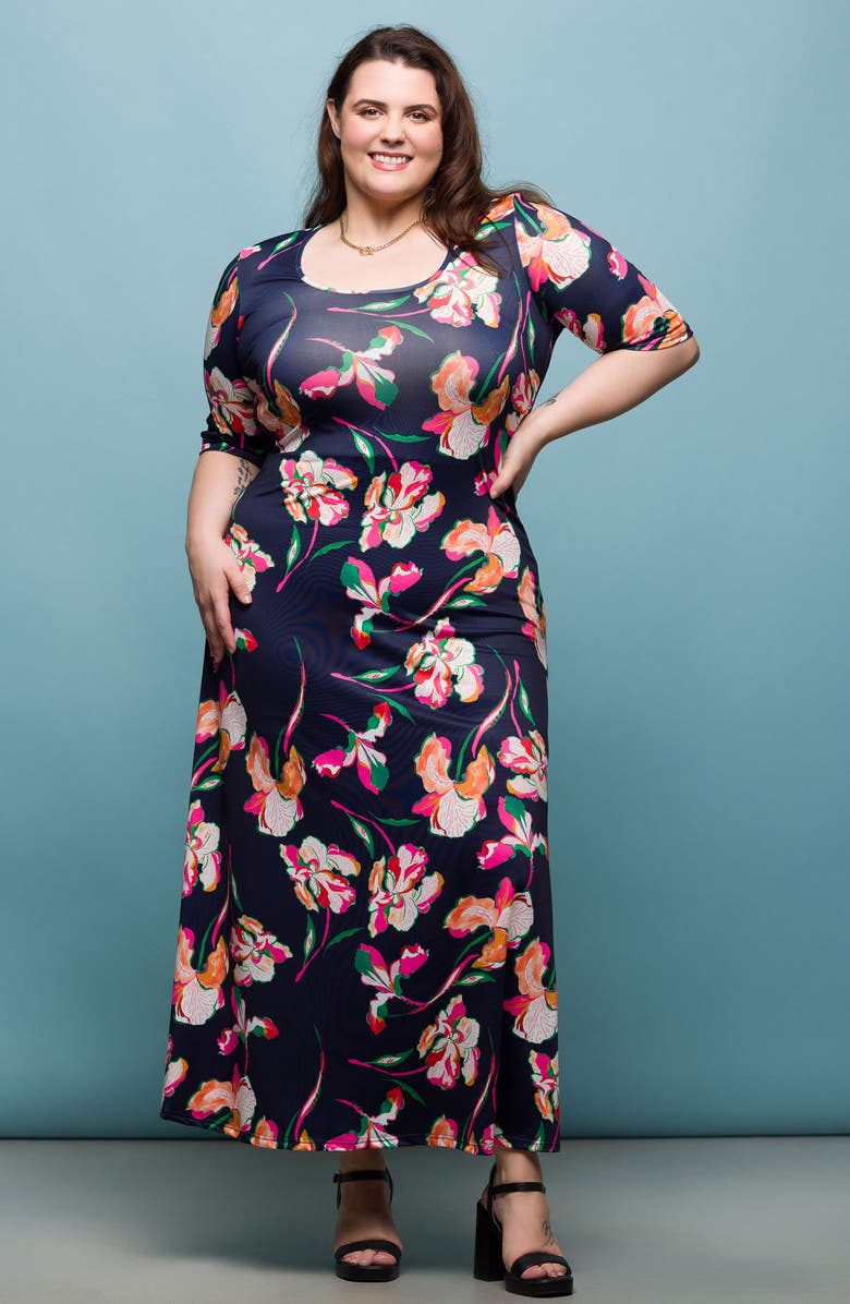 24seven Comfort Apparel Floral Knit Maxi Dress, Alternate, color, Navy Multi