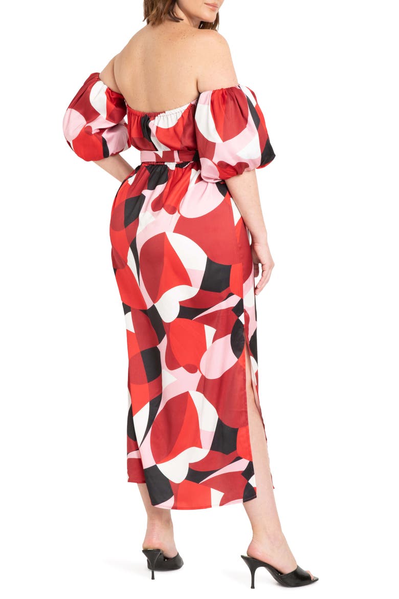 Print Off the Shoulder Midi Dress, Alternate, color, CURVE BALL