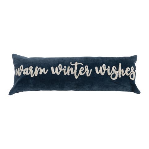 Woven Cotton Velvet Lumbar Pillow with Embroidered "Warm Winter Wishes", Navy and Cream