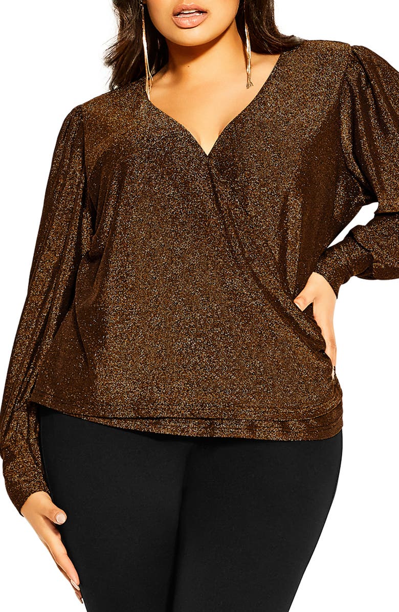 City Chic Glowing Shimmer Faux Wrap Top, Main, color, Bronze