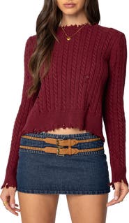 EDIKTED Split Back Cable Stitch Crewneck Sweater