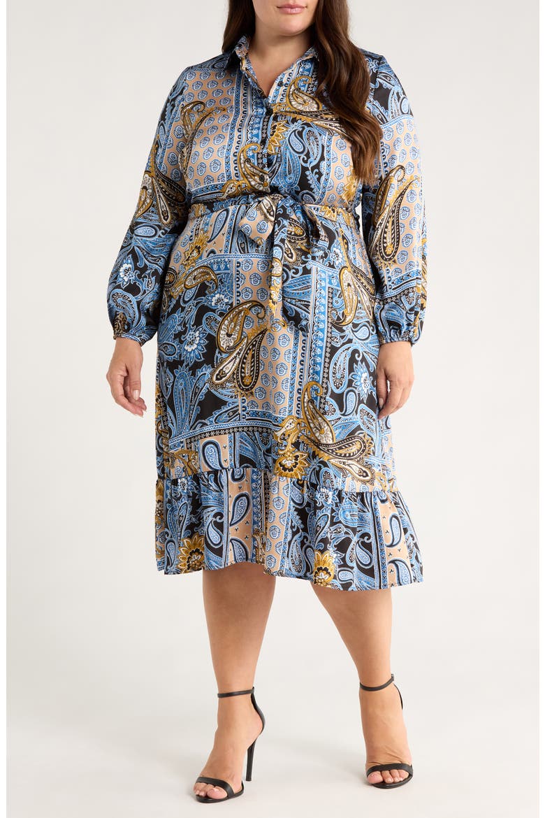 Long Sleeve Tie Belt Satin Shirtdress, Main, color, BLUE LAGOON MULTI