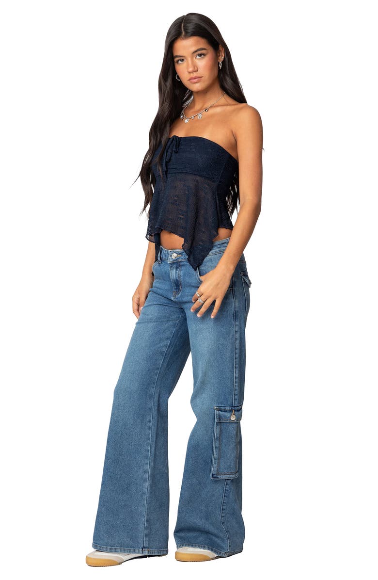 EDIKTED Embroidered Sheer Strapless Top, Alternate, color, Navy