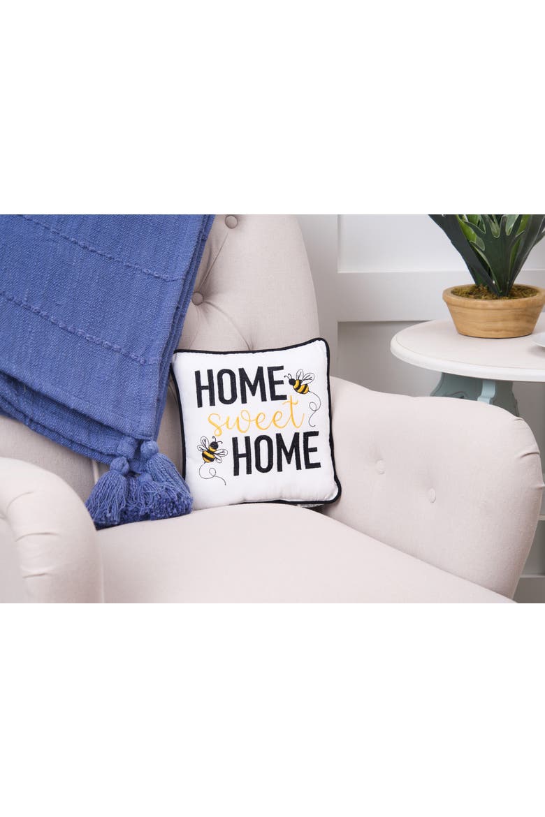 Buzzing Bumble Bees "Home Sweet Home" Embroidered Mini Accent Pillow, 10" x 10", Alternate, color, White