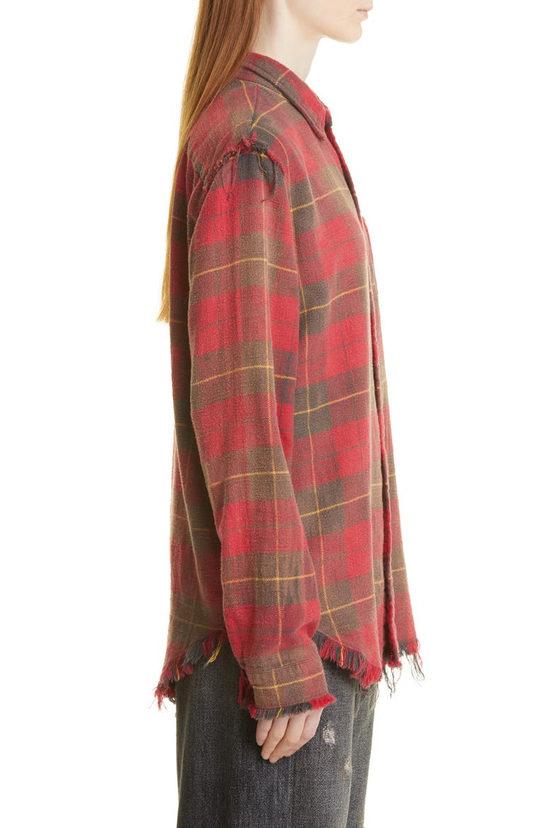 Shredded Seam Distressed Plaid Button-Up Shirt, Alternate, color, RED/ GREY PLAID