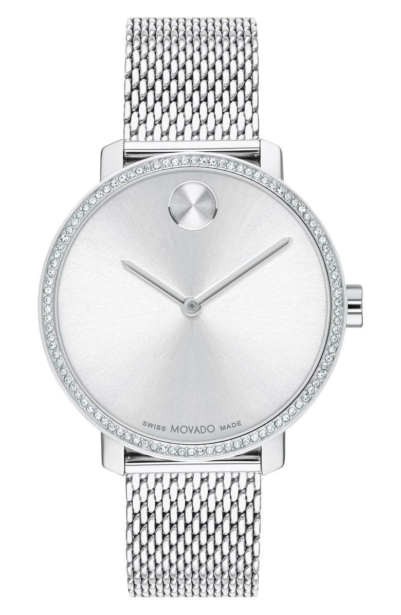 Movado Bold Shimmer Mesh Strap Watch, 34mm, Main, color, Silver Dial