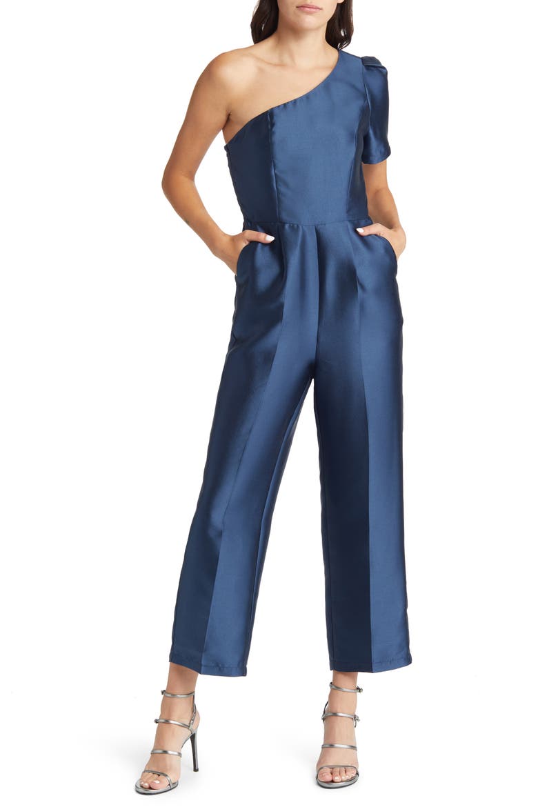 Divine Dream One-Shoulder Satin Jumpsuit, Main, color, NAVY BLUE