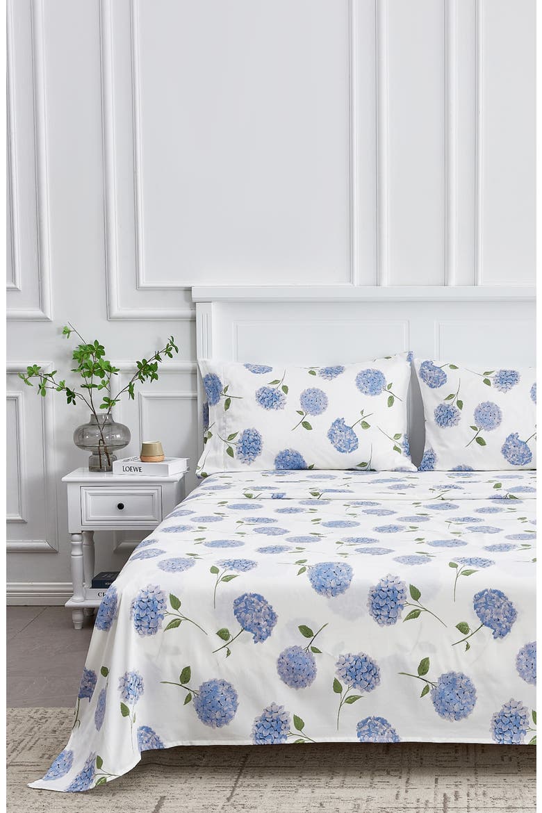 Hydrangea Cotton Pillowcase Set, Alternate, color, WHITE/ BLUE