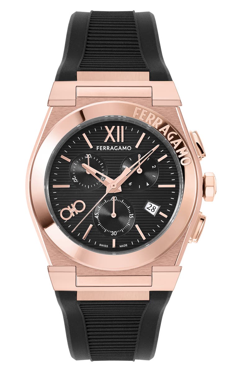 FERRAGAMO Vega Chronograph Silicone Strap Watch, 42mm, Main, color, Ip Rose Gold